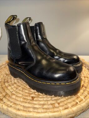 Dr. Martens Black Leather Platform Chelsea Boots with Yellow Stitching
